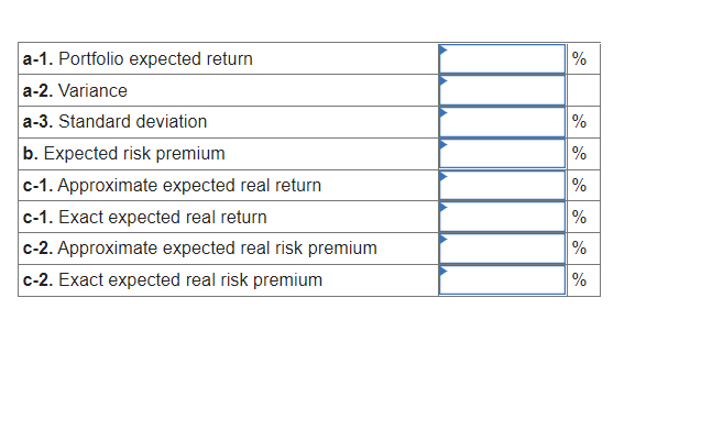 a-1. Portfolio expected return
a-2. Variance
a-3. Standard deviation
b. Expected risk premium
c-1. Approximate expected real return
c-1. Exact expected real return
c-2. Approximate expected real risk premium
c-2. Exact expected real risk premium
%
%
%
%
%
%
%