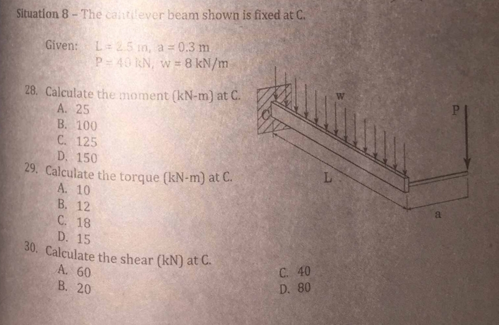 Situation 8- The cantdever beam shown is fixed at C.
Given: L = 25 m, a = 0.3 m
P= 40 kN, w = 8 kN/m
28. Calculate the moment (kN-m) at C.
A. 25
B. 100
C. 125
D. 150
29. Calculate the torque (kN-m) at C.
A. 10
B. 12
C. 18
D. 15
30. Calculate the shear (kN) at C.
A. 60
B. 20
C. 40
D. 80
a