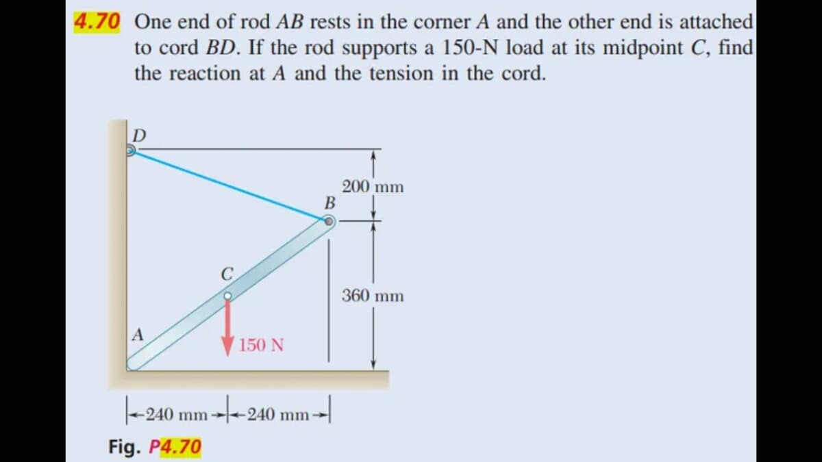 4.70 One end of rod AB rests in the corner A and the other end is attached
to cord BD. If the rod supports a 150-N load at its midpoint C, find
the reaction at A and the tension in the cord.
D
A
2401
Fig. P4.70
40 mm
150 N
B
240 mm-
n+
200 mm
360 mm