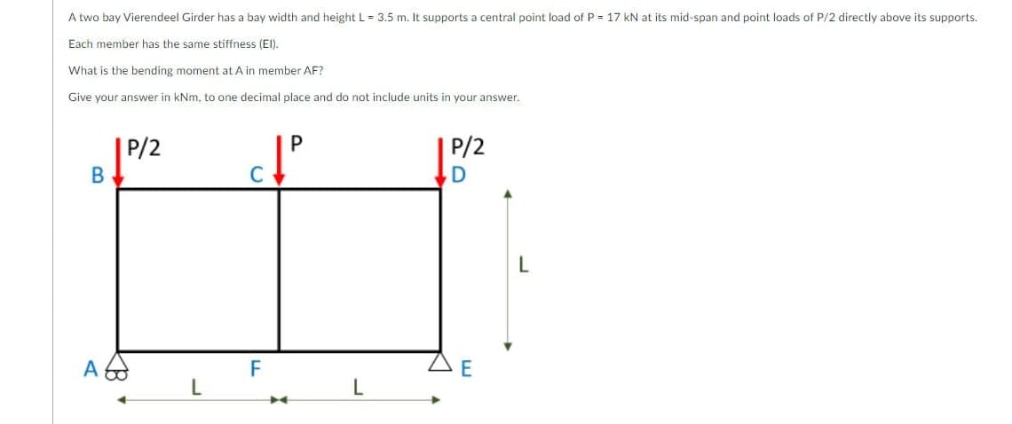 A two bay Vierendeel Girder has a bay width and height L = 3.5 m. It supports a central point load of P = 17 kN at its mid-span and point loads of P/2 directly above its supports.
Each member has the same stiffness (El).
What is the bending moment at A in member AF?
Give your answer in kNm, to one decimal place and do not include units in your answer.
|P/2
P/2
F
L
