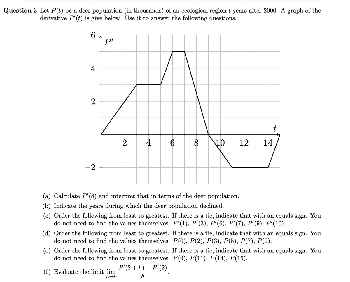Question 3 Let P(t) be a deer population (in thousands) of an ecological region t years after 2000. A graph of the
derivative P' (t) is give below. Use it to answer the following questions.
6
4
2
-2
P'
2 4 6 8
10
(f) Evaluate the limit lim
h→0
t
(a) Calculate P'(8) and interpret that in terms of the deer population.
(b) Indicate the years during which the deer population declined.
(c) Order the following from least to greatest. If there is a tie, indicate that with an equals sign. You
do not need to find the values themselves: P'(1), P'(3), P'(6), P'(7), P'(9), P′(10).
12 14
(d) Order the following from least to greatest. If there is a tie, indicate that with an equals sign. You
do not need to find the values themselves: P(0), P(2), P(3), P(5), P(7), P(9).
P' (2 + h) − P' (2)
h
(e) Order the following from least to greatest. If there is a tie, indicate that with an equals sign. You
do not need to find the values themselves: P(9), P(11), P(14), P(15).