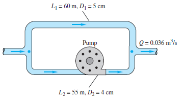 L = 60 m, D1 = 5 cm
Pump
Q = 0.036 m³/s
L2 = 55 m, D2 = 4 cm
