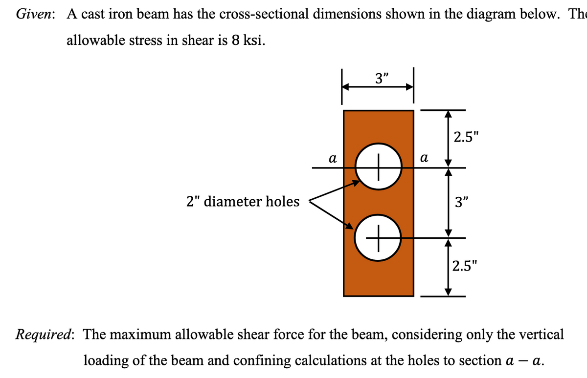 Given: A cast iron beam has the cross-sectional dimensions shown in the diagram below. The
allowable stress in shear is 8 ksi.
3"
2.5"
а
а
2" diameter holes
3"
2.5"
Required: The maximum allowable shear force for the beam, considering only the vertical
loading of the beam and confining calculations at the holes to section a – a.
