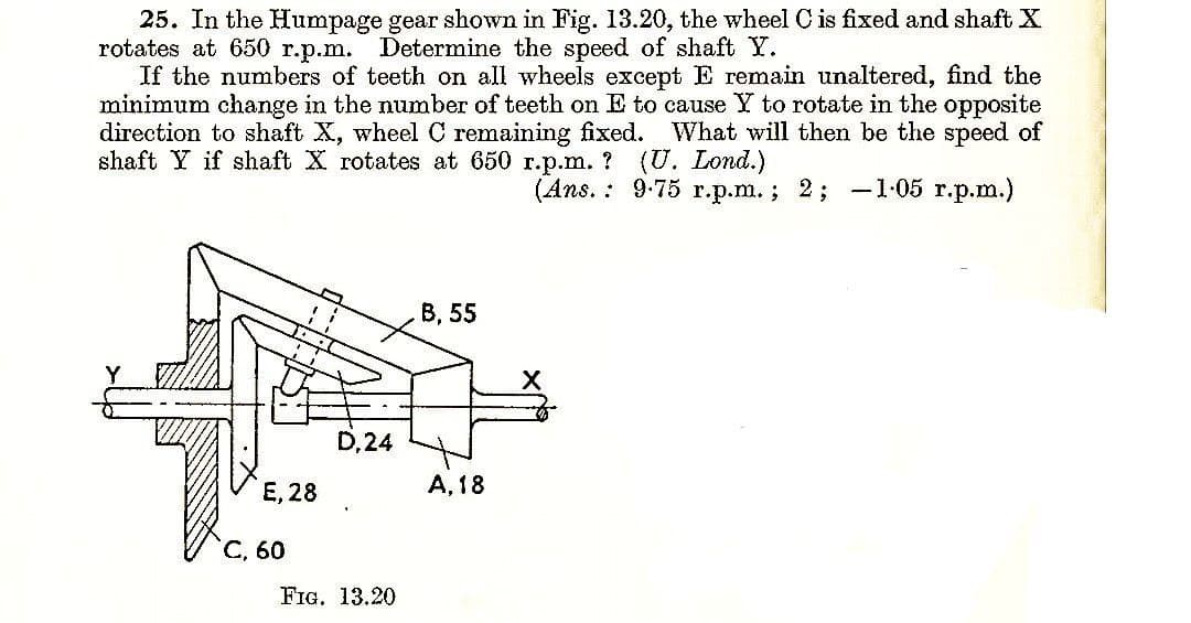 25. In the Humpage gear shown in Fig. 13.20, the wheel C is fixed and shaft X
rotates at 650 r.p.m. Determine the speed of shaft Y.
If the numbers of teeth on all wheels except E remain unaltered, find the
minimum change in the number of teeth on E to cause Y to rotate in the opposite
direction to shaft X, wheel C remaining fixed. What will then be the speed of
shaft Y if shaft X rotates at 650 r.p.m. ? (U. Lond.)
(Ans. 9.75 r.p.m.; 2; -1.05 r.p.m.)
E, 28
C, 60
D,24
FIG. 13.20
B, 55
A, 18