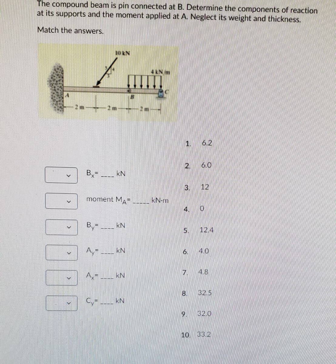 The compound beam is pin connected at B. Determine the components of reaction
at its supports and the moment applied at A. Neglect its weight and thickness.
Match the answers.
4 kN m
2 m
2 m
1.
6.2
2.
6.0
By=
kN
3.
12
moment MA
kN-m
4. 0
B. =
kN
5.
12.4
kN
6.
4.0
7.
4.8
kN
8.
32.5
kN
9.
32.0
10. 33.2
