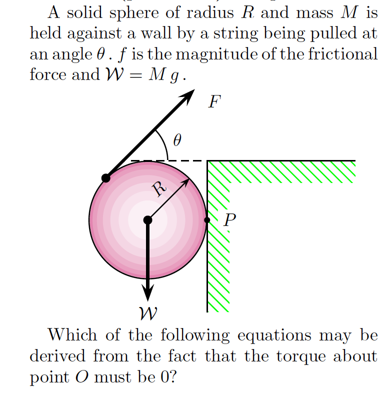 A solid sphere of radius R and mass M is
held against a wall by a string being pulled at
an angle 0. f is the magnitude of the frictional
force and W = M g .
F
R
Which of the following equations may be
derived from the fact that the torque about
point O must be 0?
