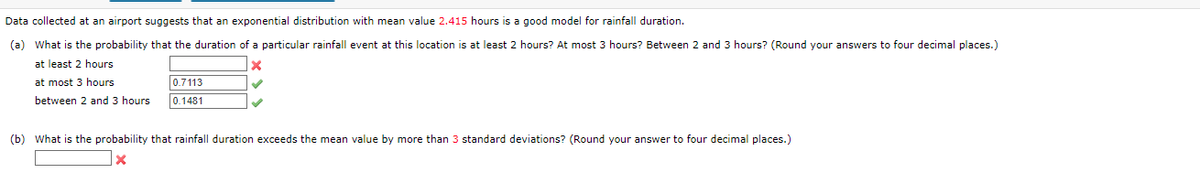 Data collected at an airport suggests that an exponential distribution with mean value 2.415 hours is a good model for rainfall duration.
(a) What is the probability that the duration of a particular rainfall event at this location is at least 2 hours? At most 3 hours? Between 2 and 3 hours? (Round your answers to four decimal places.)
at least 2 hours
x
at most 3 hours
0.7113
0.1481
between 2 and 3 hours
(b) What is the probability that rainfall duration exceeds the mean value by more than 3 standard deviations? (Round your answer to four decimal places.)
X