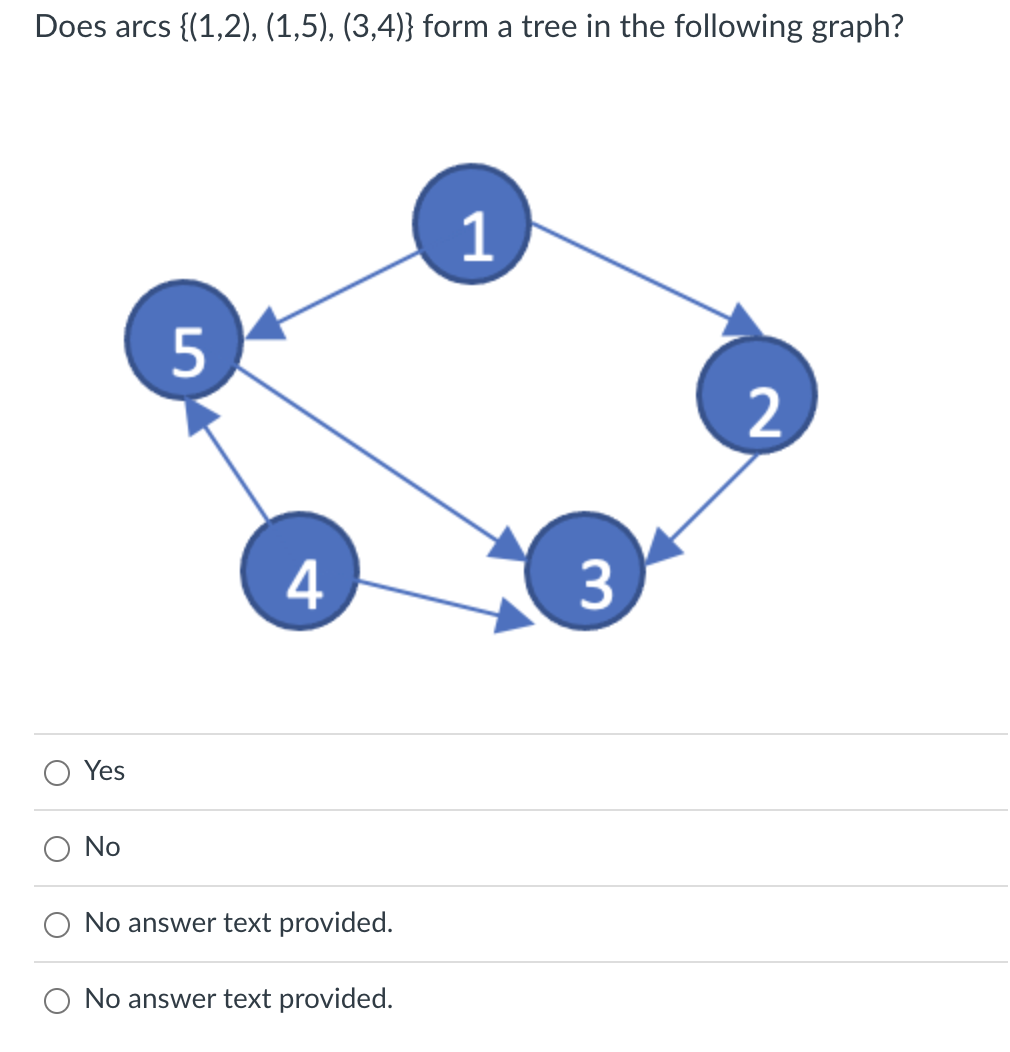 Does arcs {(1,2), (1,5), (3,4)} form a tree in the following graph?
Yes
No
5
4
No answer text provided.
No answer text provided.
1
3
2