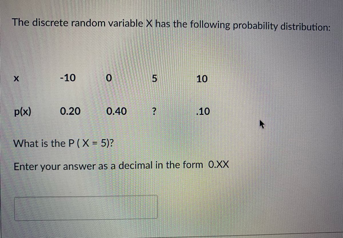 The discrete random variable X has the following probability distribution:
-10
10
p(x)
0.20
0.40
.10
What is the P (X = 5)?
Enter your answer as a decimal in the form 0.XX
