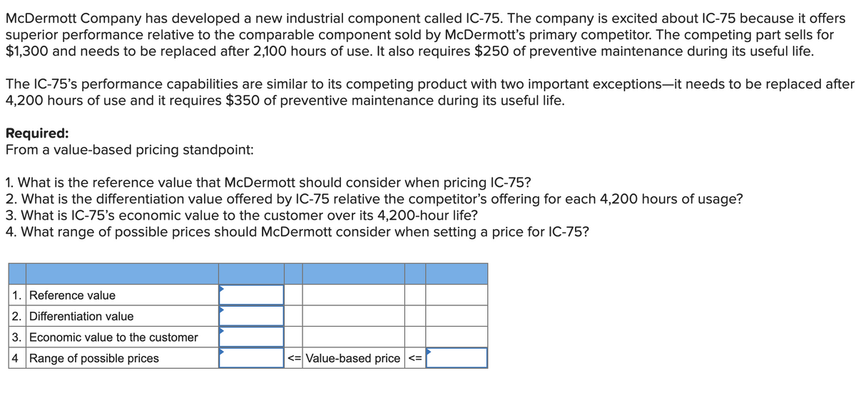 McDermott Company has developed a new industrial component called IC-75. The company is excited about IC-75 because it offers
superior performance relative to the comparable component sold by McDermott's primary competitor. The competing part sells for
$1,300 and needs to be replaced after 2,100 hours of use. It also requires $250 of preventive maintenance during its useful life.
The IC-75's performance capabilities are similar to its competing product with two important exceptions-it needs to be replaced after
4,200 hours of use and it requires $350 of preventive maintenance during its useful life.
Required:
From a value-based pricing standpoint:
1. What is the reference value that McDermott should consider when pricing IC-75?
2. What is the differentiation value offered by IC-75 relative the competitor's offering for each 4,200 hours of usage?
3. What is IC-75's economic value to the customer over its 4,200-hour life?
4. What range of possible prices should McDermott consider when setting a price for IC-75?
1. Reference value
2. Differentiation value
3. Economic value to the customer
4 Range of possible prices
<= Value-based price

