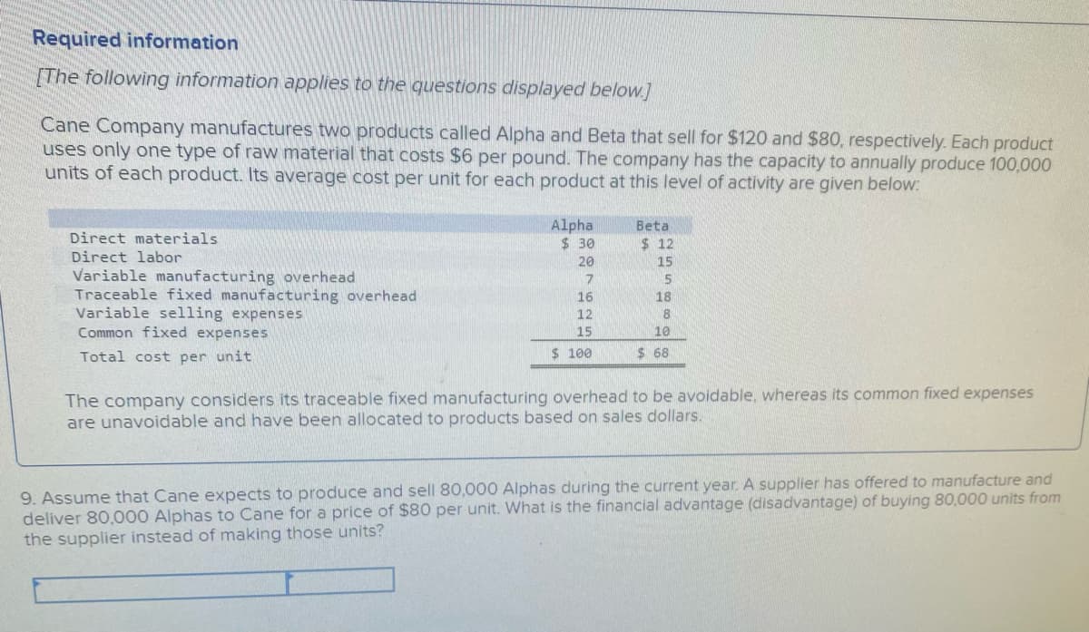 Required information
[The following information applies to the questions displayed below.]
Cane Company manufactures two products called Alpha and Beta that sell for $120 and $80, respectively. Each product
uses only one type of raw material that costs $6 per pound. The company has the capacity to annually produce 100,000
units of each product. Its average cost per unit for each product at this level of activity are given below:
Alpha
$ 30
Beta
Direct materials
$12
Direct labor
20
15
Variable manufacturing overhead
Traceable fixed manufacturing overhead
Variable selling expenses
Common fixed expenses
15
16
18
12
8
15
10
Total cost per unit
$ 100
$ 68
The company considers its traceable fixed manufacturing overhead to be avoidable, whereas its common fixed expenses
are unavoidable and have been allocated to products based on sales dollars.
9. Assume that Cane expects to produce and sell 80,000 Alphas during the current year. A supplier has offered to manufacture and
deliver 80,000 Alphas to Cane for a price of $80 per unit. What is the financial advantage (disadvantage) of buying 80,000 units from
the supplier instead of making those units?
