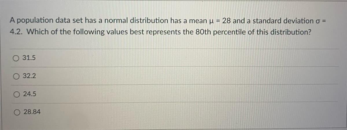 A population data set has a normal distribution has a mean µ =
28 and a standard deviation o =
4.2. Which of the following values best represents the 80th percentile of this distribution?
31.5
32.2
24.5
O 28.84
