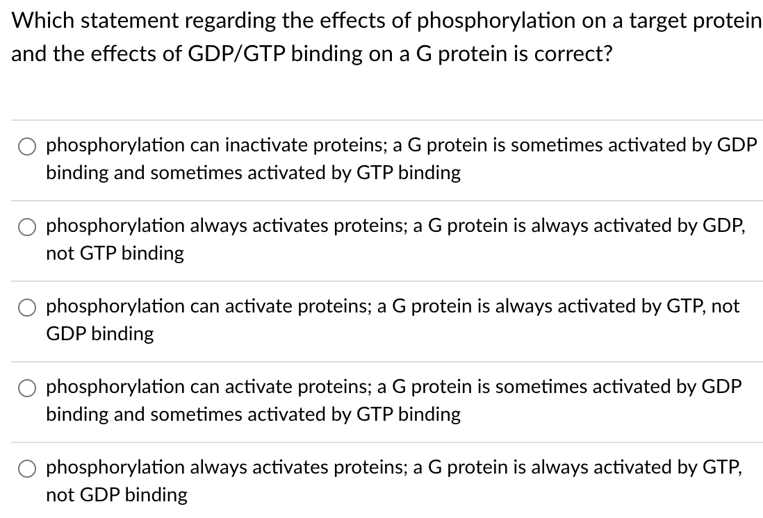 Which statement regarding the effects of phosphorylation on a target protein
and the effects of GDP/GTP binding on a G protein is correct?
phosphorylation can inactivate proteins; a G protein is sometimes activated by GDP
binding and sometimes activated by GTP binding
O phosphorylation always activates proteins; a G protein is always activated by GDP,
not GTP binding
phosphorylation can activate proteins; a G protein is always activated by GTP, not
GDP binding
phosphorylation can activate proteins; a G protein is sometimes activated by GDP
binding and sometimes activated by GTP binding
O phosphorylation always activates proteins; a G protein is always activated by GTP,
not GDP binding
