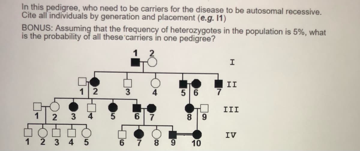 In this pedigree, who need to be carriers for the disease to be autosomal recessive.
Cite all individuals by generation and placement (e.g. 1)
BONUS: Assuming that the frequency of heterozygotes in the population is 5%, what
is the probability of all these'carriers in one pedigree?
II
12
3
5 6
III
3
4
5 6
8.
6.
IV
4
5
6.
7 8
10
