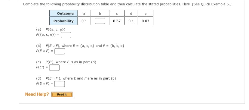 Complete the following probability distribution table and then calculate the stated probabilities. HINT [See Quick Example 5.]
Outcome
a
d
e
Probability
0.1
0.67
0.1
0.03
(a) P({a, c, e})
Р(а, с, е)) -
(b) P(E U F), where E = {a, c, e} and F = {b, c, e}
P(E u F) =|
(c) P(E'), where E is as in part (b)
P(E')
(d) P(E n F), where E and F are as in part (b)
P(En F) =
Need Help?
Read It
