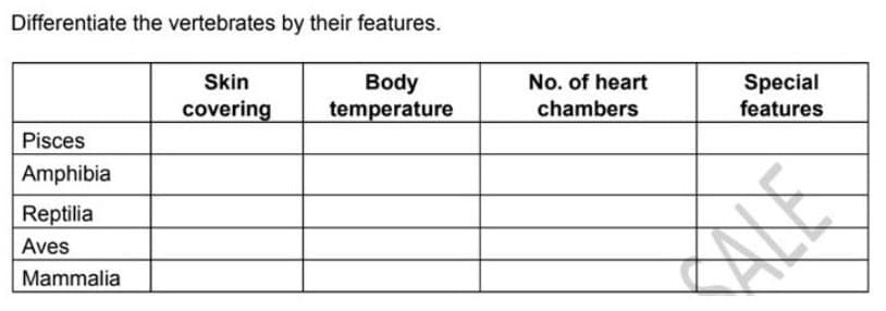 Differentiate the vertebrates by their features.
Body
temperature
Skin
No. of heart
Special
features
covering
chambers
Pisces
Amphibia
Reptilia
Aves
Mammalia
