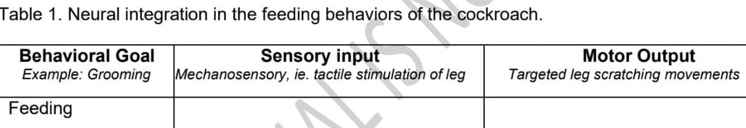 Table 1. Neural integration in the feeding behaviors of the cockroach.
Sensory input
Mechanosensory, ie. tactile stimulation
Motor Output
Targeted leg scratching movements
Behavioral Goal
Example: Grooming
of leg
Feeding
