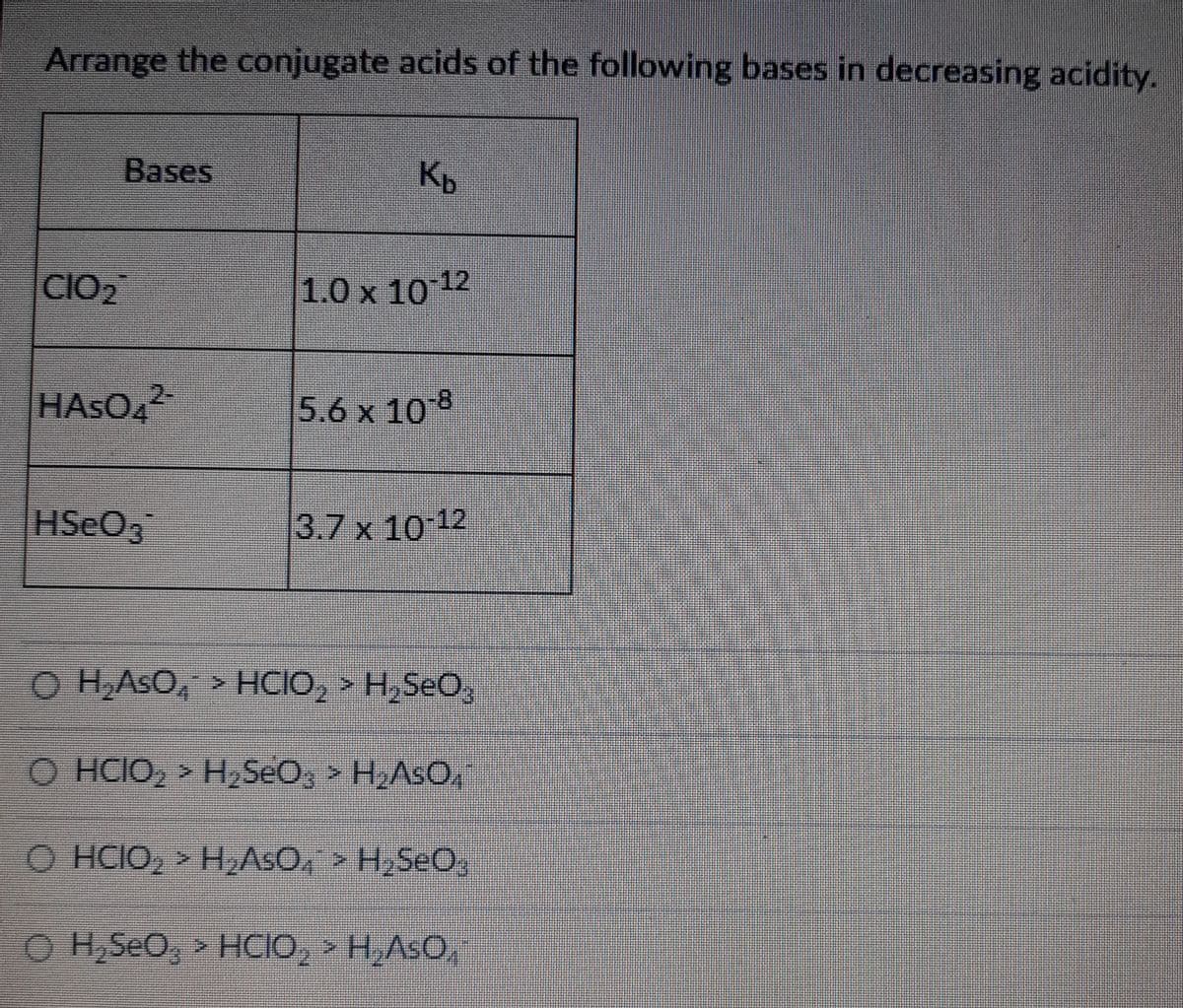 Arrange the conjugate acids of the following bases in decreasing acidity.
Bases
Kb
CIO₂
1.0 x 10-12
HASO4²-
5.6 x 10-8
HSEO3
3.7 x 10-12
O H₂AsO, > HCIO₂ > H₂S₂O3
O HCIO₂ > H₂SeO3 > H₂ASO₁
O HCIO₂ > H₂AsOл¹ > H₂SеO
O H₂SeO3 > HCIO₂ > H₂ASO,