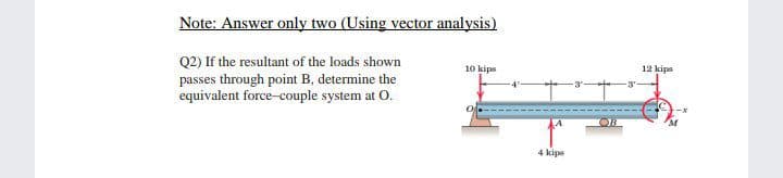 Note: Answer only two (Using vector analysis)
Q2) If the resultant of the loads shown
10 kips
12 kips
passes through point B, determine the
equivalent force-couple system at O.
4 kips
