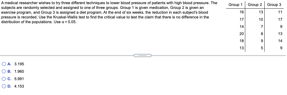 A medical researcher wishes to try three different techniques to lower blood pressure of patients with high blood pressure. The
subjects are randomly selected and assigned to one of three groups. Group 1 is given medication, Group 2 is given an
exercise program, and Group 3 is assigned a diet program. At the end of six weeks, the reduction in each subject's blood
pressure is recorded. Use the Kruskal-Wallis test to find the critical value to test the claim that there is no difference in the
distribution of the populations. Use a = 0.05.
Group 1
Group 2 | Group 3
16
13
11
17
10
17
14
9
20
8
13
18
14
13
9
O A. 3.195
O B. 1.960
O C. 5.991
O D. 4.153
