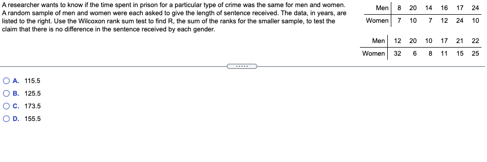 A researcher wants to know if the time spent in prison for a particular type of crime was the same for men and women.
A random sample of men and women were each asked to give the length of sentence received. The data, in years, are
Men
8
20
14
16
17 24
Women
10
listed to the right. Use the Wilcoxon rank sum test to find R, the sum of the ranks for the smaller sample, to test the
claim that there is no difference in the sentence received by each gender.
7
7
12
24
10
Men
12
20
10
17
21 22
Women
32
6
8
11
15 25
O A. 115.5
O B. 125.5
OC. 173.5
O D. 155.5
