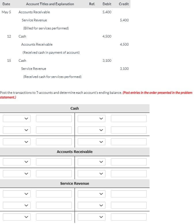 Date
Account Titles and Explanation
Ref.
Debit
Credit
May 5
Accounts Receivable
5,400
Service Revenue
5,400
(Billed for services performed)
12
Cash
4,500
Accounts Receivable
4,500
(Received cash in payment of account)
15
Cash
3,100
Service Revenue
3,100
(Received cash for services performed)
Post the transactions to T-accounts and determine each account's ending balance. (Post entries in the order presented in the problem
statement.)
Cash
Accounts Receivable
Service Revenue
