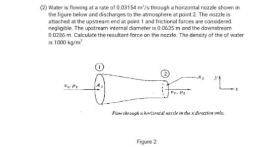 (2) Water is flowing at a rate of 0.03154 m/s through a horizontal nozzle shown in
the figure below and discharges to the atmosphere at point 2. The nozzle is
attached at the upstream end at point 1 and frictional forces are considered
negligible. The upstream internal diameter is 0.0635 m and the downstream
0.0286 m. Calculate the resultant force on the nozzle. The density of the of water
is 1000 kg/m
Bu Pi
i
"L.
Flow through a horizontal nazele in the direction only.
Figure 2