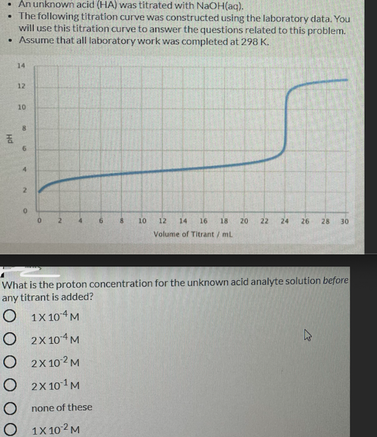 • An unknown acid (HA) was titrated with NAOH(aq).
•The following titration curve was constructed using the laboratory data. You
will use this titration curve to answer the questions related to this problem.
• Assume that all laboratory work was completed at 298 K.
14
12
10
6.
4.
2.
9.
8.
10
12
14
16
18
20
22
26
28
30
Volume of Titrant / mL
What is the proton concentration for the unknown acid analyte solution before
any titrant is added?
O 1x 104M
O 2x 104M
2X 10 2 M
O 2X 101M
none of these
1X 10-2 M
8.
24
8.
