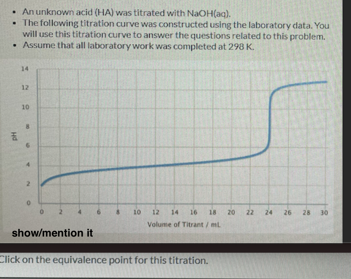 • An unknown acid (HA) was titrated with NAOH(aq).
•The following titration curve was constructed using the laboratory data. You
will use this titration curve to answer the questions related to this problem.
• Assume that all laboratory work was completed at 298 K.
14
12
10
8
6.
4.
2.
4.
6.
8.
10
12
14
16
18
20
22
24
26
28
30
Volume of Titrant/ mL
show/mention it
Click on the equivalence point for this titration.
