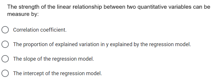 The strength of the linear relationship between two quantitative variables can be
measure by:
Correlation coefficient.
The proportion of explained variation in y explained by the regression model.
The slope of the regression model.
The intercept of the regression model.
