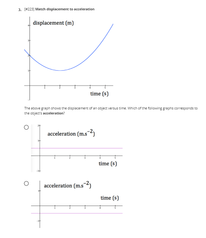 3. (#223] Match displacement to acceleration
displacement (m)
time (s)
The above graph shows the displacement of an object versus time. Which of the following graphs corresponds to
the object's acceleration?
acceleration (m.s)
time (s)
acceleration (m.s2)
time (s)
