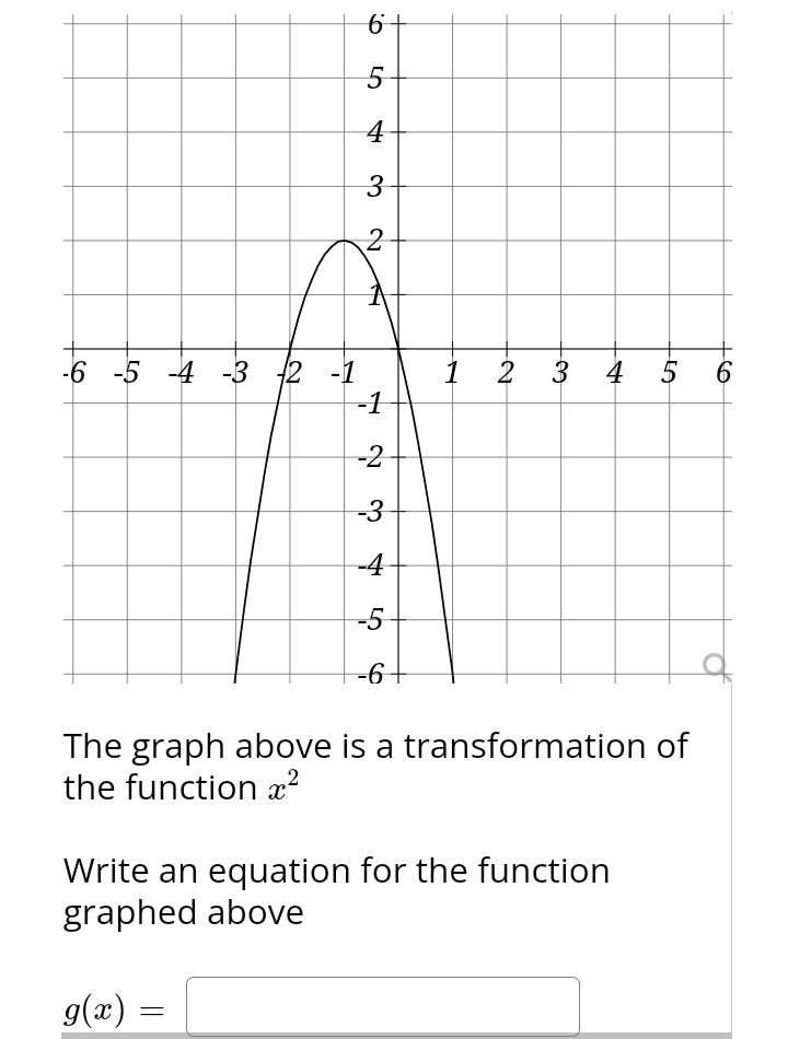6
5
4
3
2
-6 -5 -4 -3 -2 -1
-1
-2
-3
-4
-5
-6
4
g(x)
The graph above is a transformation of
the function x²
=
Write an equation for the function
graphed above
1 2 3 4 5 6
est