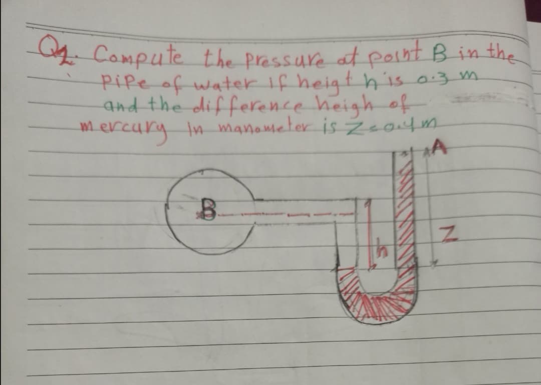 4 Compute the prassure at polnt Binthe
Pipe of water if heigt his a3 m.
and the difference heigh of
w.ercury In manonteter is eoitm.
