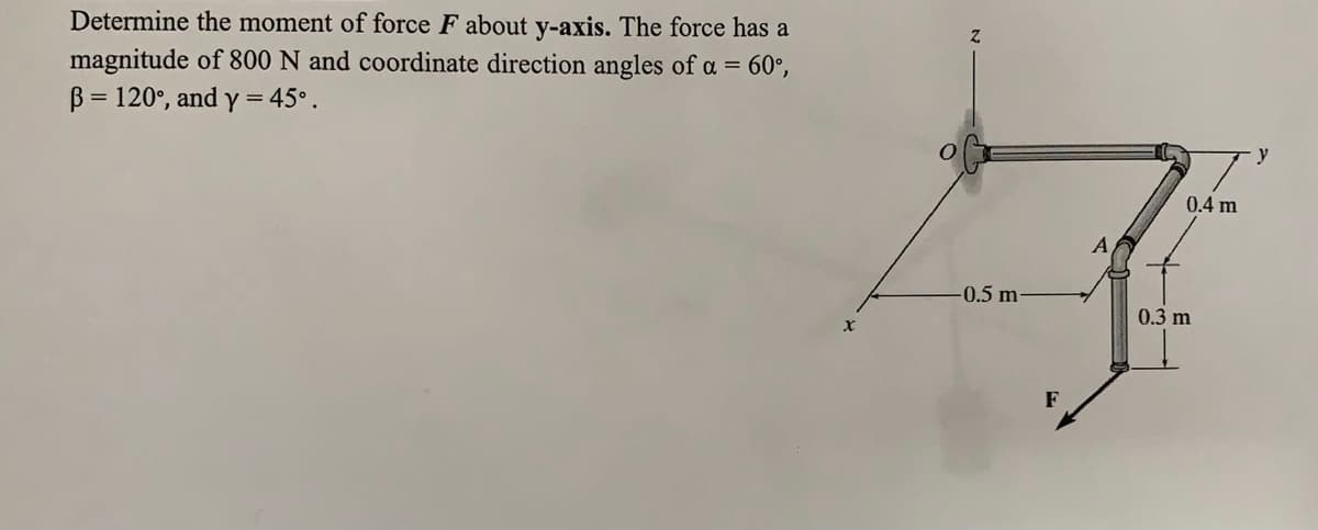 Determine the moment of force F about y-axis. The force has a
magnitude of 800 N and coordinate direction angles of a = 60°,
B = 120°, and y = 45°.
y
0.4 m
-0.5 m
0.3 m
F

