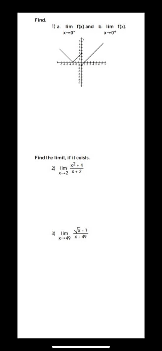 Find.
1) a. lim f(x) and b. lim f(x).
x-0+
Find the limit, if it exists.
x2 + 4
2) lim
X-2 X+ 2
3) lim x-7
X49 X - 49
