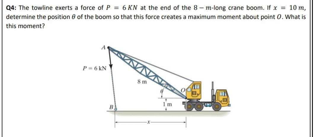 Q4: The towline exerts a force of P = 6 KN at the end of the 8-m-long crane boom. If x = 10 m,
determine the position 0 of the boom so that this force creates a maximum moment about point 0. What is
this moment?
A
P = 6 kN
8 m
1 m
B
