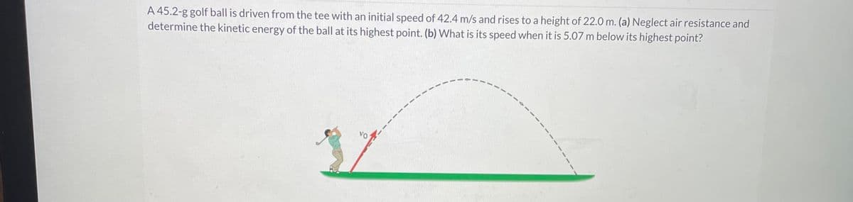 A 45.2-g golf ball is driven from the tee with an initial speed of 42.4 m/s and rises to a height of 22.0 m. (a) Neglect air resistance and
determine the kinetic energy of the ball at its highest point. (b) What is its speed when it is 5.07 m below its highest point?
'a