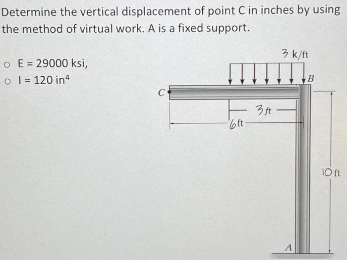 Determine the vertical displacement of point C in inches by using
the method of virtual work. A is a fixed support.
o E = 29000 ksi,
o 1 = 120 in4
C
bft
3 ft
3 k/ft
A
B
10 ft