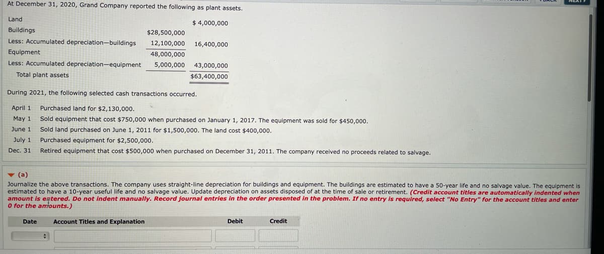 At December 31, 2020, Grand Company reported the following as plant assets.
Land
$ 4,000,000
Buildings
$28,500,000
Less: Accumulated depreciation-buildings
12,100,000
16,400,000
Equipment
48,000,000
Less: Accumulated depreciation-equipment
5,000,000
43,000,000
Total plant assets
$63,400,000
During 2021, the following selected cash transactions occurred.
April 1
Purchased land for $2,130,000.
May 1
Sold equipment that cost $750,000 when purchased on January 1, 2017. The equipment was sold for $450,000.
June 1
Sold land purchased on June 1, 2011 for $1,500,000. The land cost $400,000.
July 1
Purchased equipment for $2,500,000.
Dec. 31
Retired equipment that cost $500,000 when purchased on December 31, 2011. The company received no proceeds related to salvage.
v (a)
Journalize the above transactions. The company uses straight-line depreciation for buildings and equipment. The buildings are estimated to have a 50-year life and no salvage value. The equipment is
estimated to have a 10-year useful life and no salvage value. Update depreciation on assets disposed of at the time of sale or retirement. (Credit account titles are automatically indented when
amount is eztered. Do not indent manually. Record journal entries in the order presented in the problem. If no entry is required, select "No Entry" for the account titles and enter
O for the ambunts.)
Date
Account Titles and Explanation
Debit
Credit
