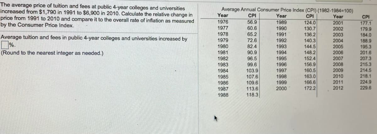 The average price of tuition and fees at public 4-year colleges and universities
increased from $1,790 in 1991 to $6,900 in 2010. Calculate the relative change in
price from 1991 to 2010 and compare it to the overall rate of inflation as measured
by the Consumer Price Index.
Average Annual Consumer Price Index (CPI) (1982-1984=100)
Year
CPI
Year
CPI
Year
CPI
1976
2001
56.9
60.6
1989
1990
124.0
177.1
1977
130.7
2002
179.9
184.0
188.9
195.3
1978
1979
65.2
1991
136.2
2003
Average tuition and fees in public 4-year colleges and universities increased by
72.6
1992
1993
140.3
%.
2004
2005
2006
1980
82.4
144.5
148.2
152.4
(Round to the nearest integer as needed.)
1981
90.9
1994
201.6
207.3
215.3
214.5
1982
1983
96.5
1995
2007
99.6
1996
156.9
2008
103.9
107.6
1984
1997
160.5
2009
1985
1986
1987
2010
1998
1999
218.1
224.9
229.6
163.0
109.6
166.6
2011
113.6
2000
172.2
2012
1988
118.3
