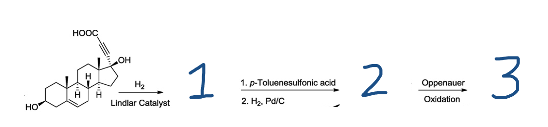 НООС
HO
2.
H2
1. p-Toluenesulfonic acid
Oppenauer
Lindlar Catalyst
2. Н2, Pа/c
Oxidation
HO

