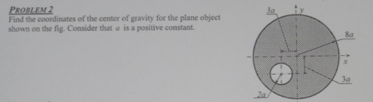 PROBLEM 2
Find the coordinates of the center of gravity for the plane object
shown on the fig. Consider that a is a positive constant.
8a
За
2a
