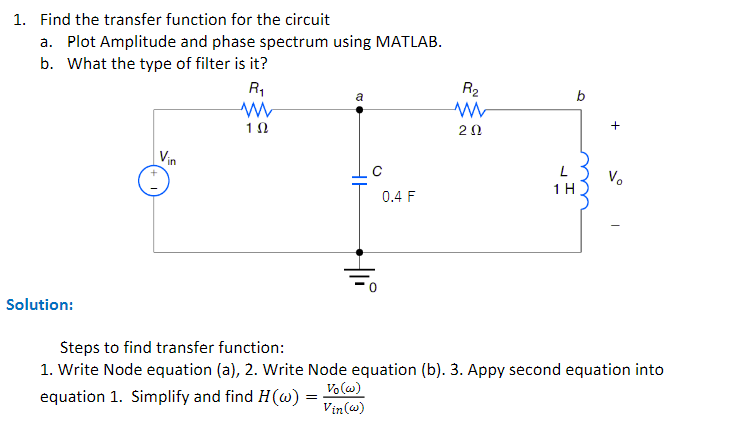 1. Find the transfer function for the circuit
a. Plot Amplitude and phase spectrum using MATLAB.
b. What the type of filter is it?
Solution:
Vin
R₁
www
1Ω
a
=
C
Hli
Vo(w)
Vin(w)
0.4 F
R₂
ww
20
L
1H
+
Steps to find transfer function:
1. Write Node equation (a), 2. Write Node equation (b). 3. Appy second equation into
equation 1. Simplify and find H(w):
V₂