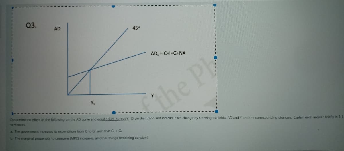 Q3.
45°
Z
Y₁
Determine the effect of the following on the AD curve and equilibrium output Y. Draw the graph and indicate each change by showing the initial AD and Y and the corresponding changes. Explain each answer briefly in 2-3
sentences.
a. The government increases its expenditure from G to G' such that G'> G.
b. The marginal propensity to consume (MPC) increases, all other things remaining constant.
AD
AD₁ =C+I+G+NX
the Pl