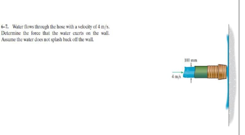 6-7. Water flows through the hose with a velocity of 4 m/s.
Determine the force that the water exerts on the wall.
Assume the water does not splash back off the wall.
100 mm
4 m/s
