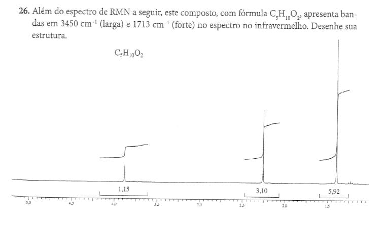 26. Além do espectro de RMN a seguir, este composto, com fórmula CH 0, apresenta ban-
das em 3450 cm- (larga) e 1713 cm-' (forte) no espectro no infravermelho. Desenhe sua
estrutura.
1,15
3,10
5,92
35
2,5
20
15
