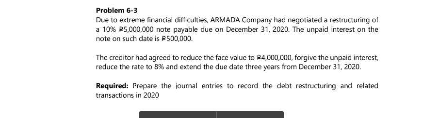 Problem 6-3
Due to extreme financial difficulties, ARMADA Company had negotiated a restructuring of
a 10% P5,000,000 note payable due on December 31, 2020. The unpaid interest on the
note on such date is P500,000.
The creditor had agreed to reduce the face value to P4,000,000, forgive the unpaid interest,
reduce the rate to 8% and extend the due date three years from December 31, 2020.
Required: Prepare the journal entries to record the debt restructuring and related
transactions in 2020
