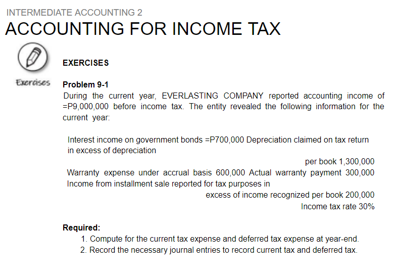 INTERMEDIATE ACCOUNTING 2
ACCOUNTING FOR INCOME TAX
EXERCISES
Exeráses Problem 9-1
During the current year, EVERLASTING COMPANY reported accounting income of
=P9,000,000 before income tax. The entity revealed the following information for the
current year:
Interest income on government bonds =P700,000 Depreciation claimed on tax return
in excess of depreciation
per book 1,300,000
Warranty expense under accrual basis 600,000 Actual warranty payment 300,000
Income from installment sale reported for tax purposes in
excess of income recognized per book 200,000
Income tax rate 30%
Required:
1. Compute for the current tax expense and deferred tax expense at year-end.
2. Record the necessary journal entries to record current tax and deferred tax.

