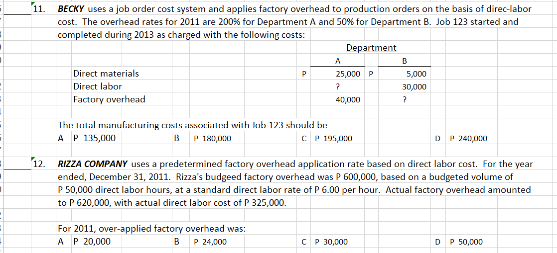 11.
BECKY uses a job order cost system and applies factory overhead to production orders on the basis of direc-labor
cost. The overhead rates for 2011 are 200% for Department A and 50% for Department B. Job 123 started and
|completed during 2013 as charged with the following costs:
Department
A
B
Direct materials
P
25,000 P
5,000
Direct labor
?
30,000
Factory overhead
40,000
The total manufacturing costs associated with Job 123 should be
A P 135,000
P 180,000
C P 195,000
P 240,000
D
12.
RIZZA COMPANY uses a predetermined factory overhead application rate based on direct labor cost. For the year
ended, December 31, 2011. Rizza's budgeed factory overhead was P 600,000, based on a budgeted volume of
P 50,000 direct labor hours, at a standard direct labor rate of P 6.00 per hour. Actual factory overhead amounted
to P 620,000, with actual direct labor cost of P 325,000.
For 2011, over-applied factory overhead was:
A P 20,000
В
P 24,000
сР 30,000
P 50,000
D
