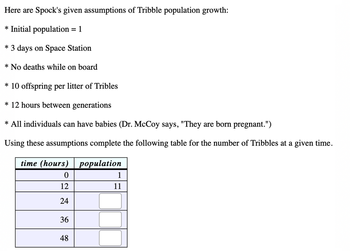 Here are Spock's given assumptions of Tribble population growth:
* Initial population = 1
* 3 days on Space Station
* No deaths while on board
* 10 offspring per litter of Tribles
* 12 hours between generations
* All individuals can have babies (Dr. McCoy says, "They are born pregnant.")
Using these assumptions complete the following table for the number of Tribbles at a given time.
time (hours) | population
1
12
11
24
36
48
